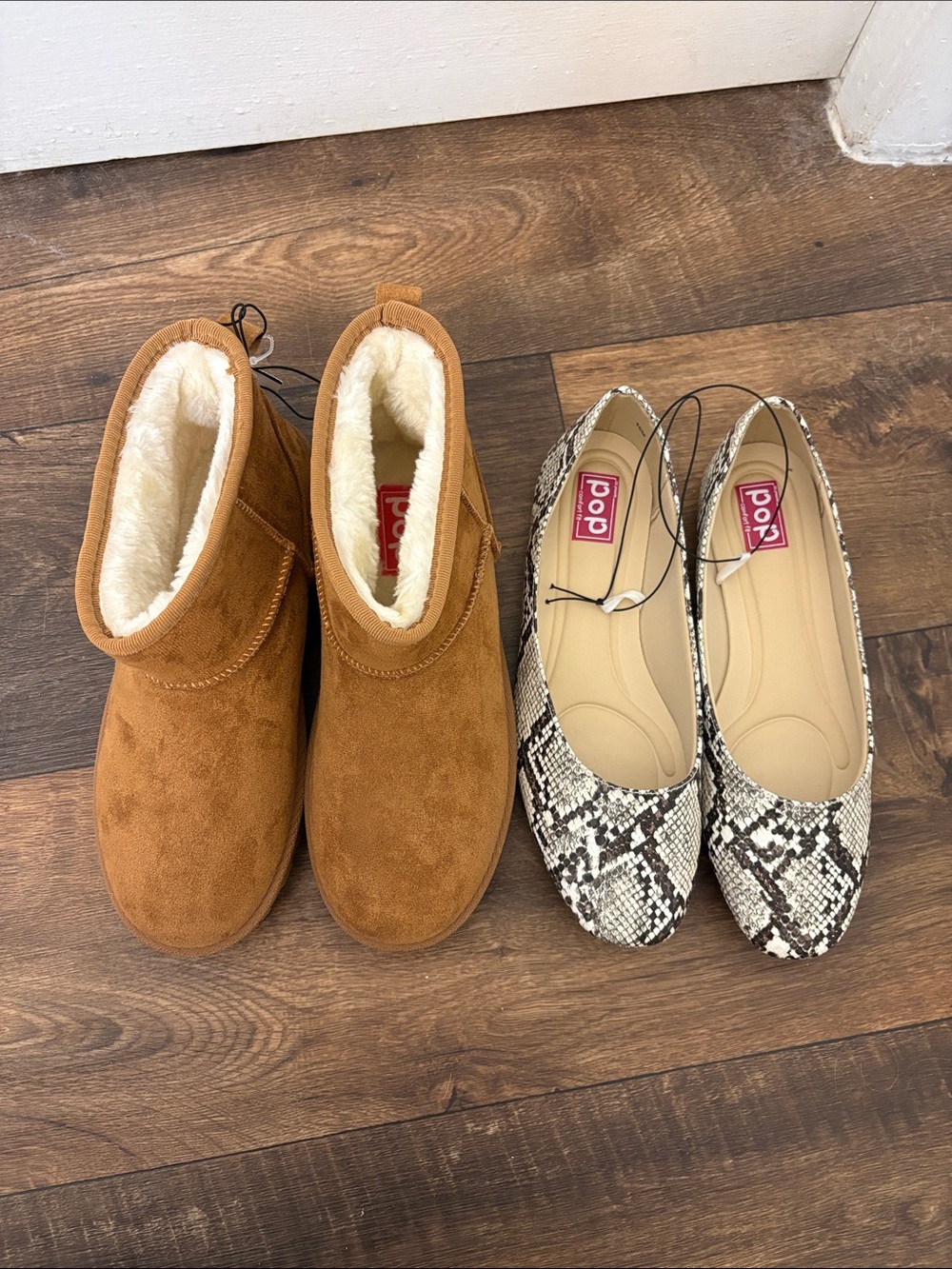 pop Chestnut Brown Short Shearling Ankle Boots & Snake Print Flats Size 10